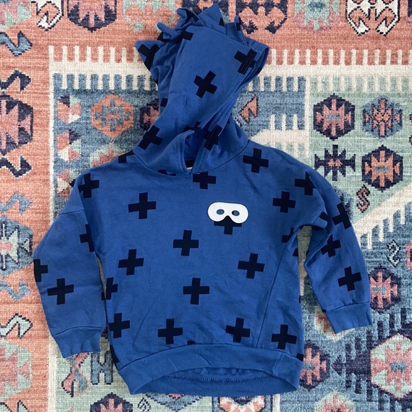 Beau Loves dino hooded sweatshirt blue black Swiss cross plus sign 3T - Picture 3 of 10